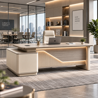 Bureau de direction moderne haut de gamme avec éclairage d'ambiance LED, table de PDG pour salle de direction, grand poste de travail administratif avec rangement