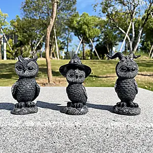 Mini sihirli baykuş cadılar bayramı siyah heykelcik reçine büyücülük heykeli çim Gnome bahçe dekor açık Vintage korku heykeli el sanatları