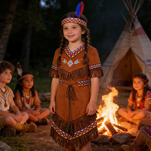 Costume d'Halloween pour enfants, style autochtone amérindien, inspiré de films et de séries télévisées, avec robe à manches courtes et col rond, ceinture et bandeau à pompons - Product Image 4