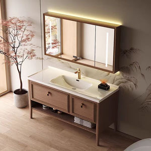 ตู้ห้องน้ำสีไม้แบบตั้งพื้นพร้อมอ่างล้างหน้าเซรามิกในตัว - Product Image 3