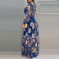 Robe longue florale pour femmes, printemps automne, style européen, imprimé, élégante, taille haute, manches longues, col en V, en mousseline de soie, décontractée
