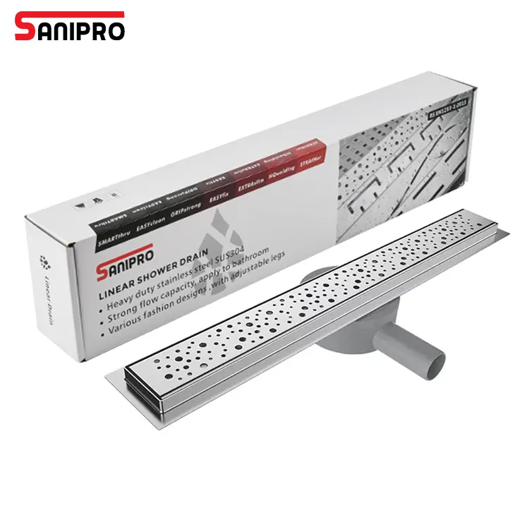 SANIPRO Modern filigran 360 derece rotasyon uzun dikdörtgen banyo SS304 paslanmaz çelik yan dışarı doğrusal duş döşeme süzgeci 