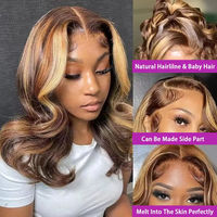 Perruque de cheveux humains 5x5 avec dentelle frontale sans colle, ondulations souples, blond miel, ombré noir naturel avec reflets rougeâtres, mixte