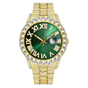 뜨거운 판매 2 개 세트 반짝이는 다이아몬드 시계 팔찌 날짜 달력 다이얼 아이스 아웃 힙합 쿼츠 시계 여성