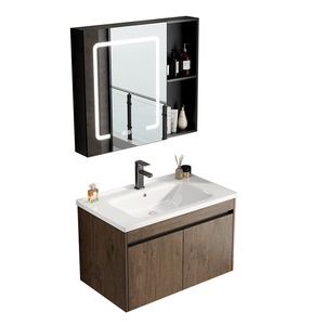 Nouvelle armoire de salle de bain intelligente murale de style nordique, couleur noyer, avec design combiné et vasque en céramique intégrée - Product Image 5