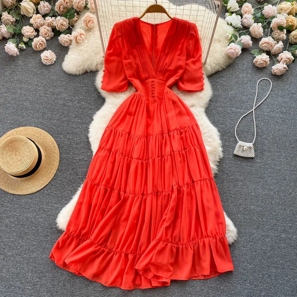 French New Short Sleeve Dress Summer Women's Solid Color Waist Wrapped Thin Deep V-Neck Cake Dress