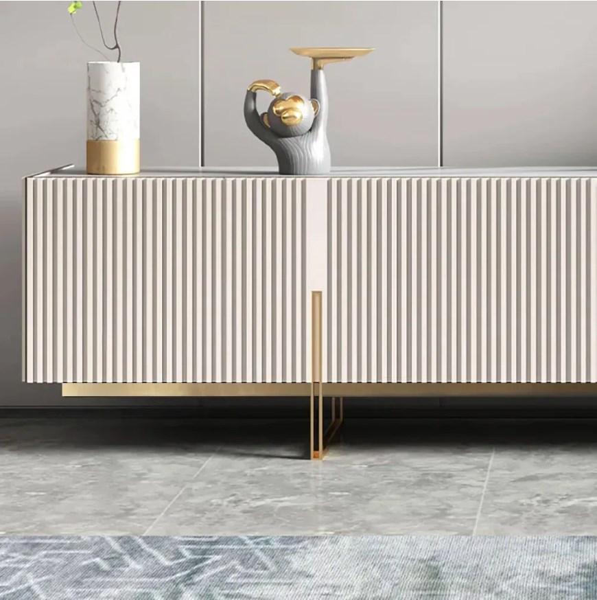 Living room console minimalist  stone top media console 4 doors 6 shelves TV stand