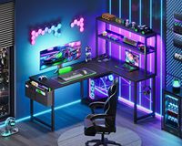 Bureau d'ordinateur en métal en forme de L SENYU avec éclairage LED et étagères de rangement, table de travail multifonctionnelle