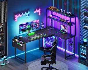 Bureau d'ordinateur en métal en forme de L SENYU avec éclairage LED et étagères de rangement, table de travail multifonctionnelle - Product Image 6
