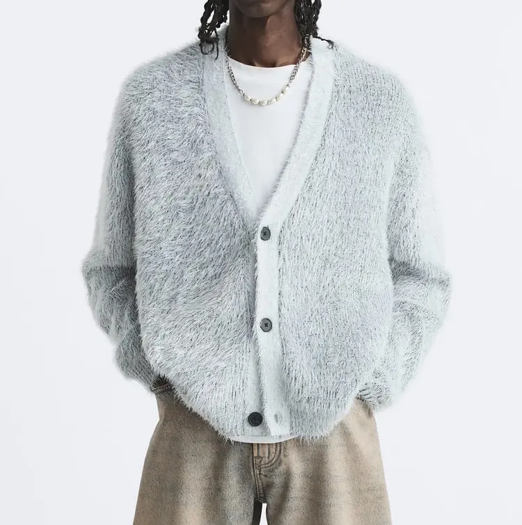 Moda personalizada Furry Knit Cardigan manga comprida quente camisola de malha dos homens