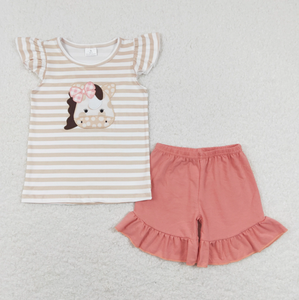 Ensemble de vêtements pour bébés garçons et filles, broderie chevaux et rayures, haut et short, tenue de ferme, barboteuses - Product Image 2