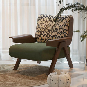 <span class=keywords><strong>Fauteuil</strong></span> en bois massif finition noyer avec motif oiseau volant, tissu imprimé rétro, canapé individuel pour salon, chambre à coucher, décoration intérieure - Product Image 1