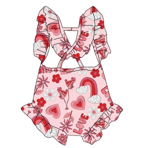 Combinaison d'été en tricot à imprimé floral pour bébés filles, justaucorps bulle à bretelles croisées avec dentelle à l'entrejambe - Product Image 1