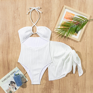 Women's One Piece <b>Swimsuit</b> White Polyester With Wrap <b>Skirt</b> And Bra Pads - Product Image 1