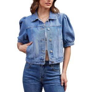 Chaqueta Vaquera Corta Personalizada para Mujer, con Mangas Abullonadas y Bolsillos, Estilo Lavado - Product Image 1
