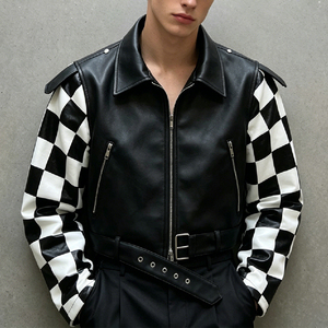 From Tech Pack to Samples Custom Premium Leather Motorcycle <b>Jacket</b> Fashion Hip Hop Chequer Biker Outdoor Men's Zipper <b>Jacket</b> - Product Image 3