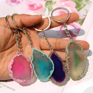 Wholesale Price Natural Gemstone Crystal Key Chain Healing Stone Multi Colors Agate Slice Keychains For Gift