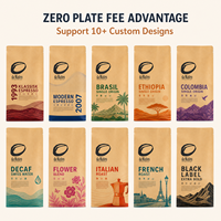 Sacs à café biodégradables en kraft à fond plat avec fermeture éclair pour grains de café torréfiés, emballage personnalisé pour café