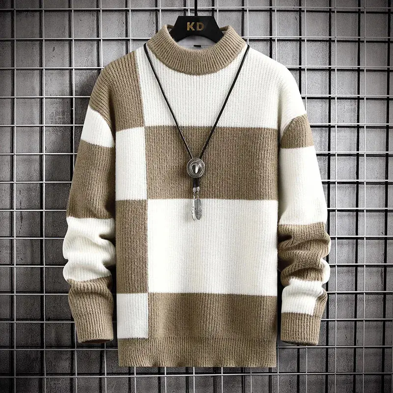 Heavy Warm Autumn Winter Knitwear Men Casual Color Block Knitted Pullovers Male Plaid Round Neck Sweater Man