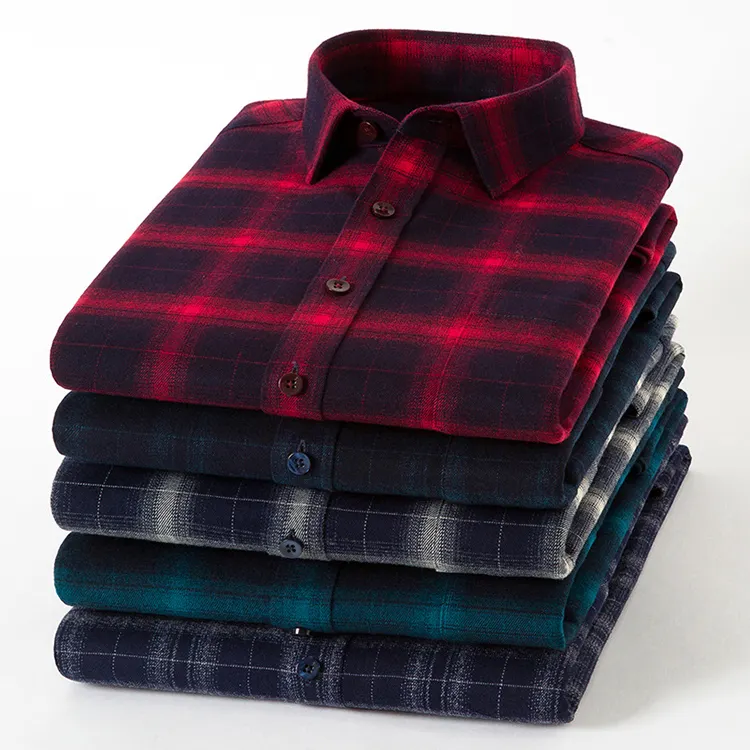 Quality warm Casual check Red black Flannel shirt elastic Polyester viscose stretch flannel plaid Shirts For Men