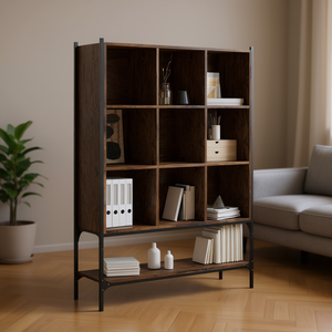 Bibliothèque en bois d'ingénierie chêne fumé moyen avec 10 compartiments, style industriel moderne, pour bureau à domicile et salon - Product Image 2