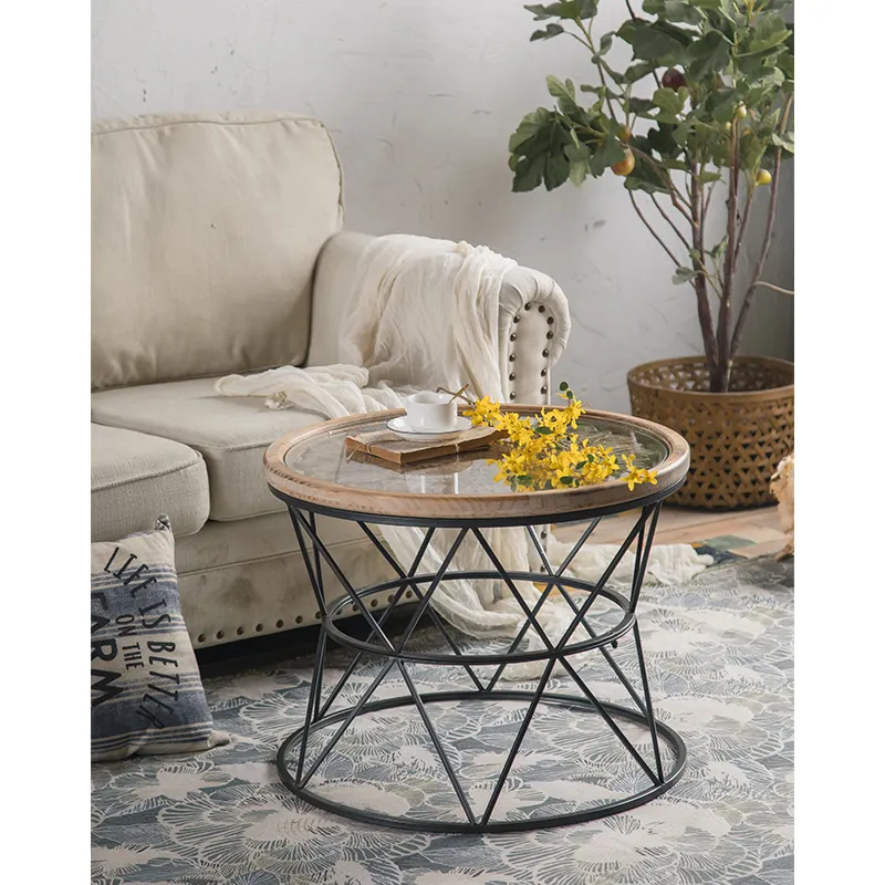 Modern Tall round metal frame coffee side table with glass top Office Coffee Table
