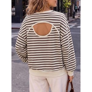 Custom Womens Striped Sweatshirt Oversized Open Back Long Sleeve <b>Crewneck</b> Loose Fit Casual Top - Product Image 2