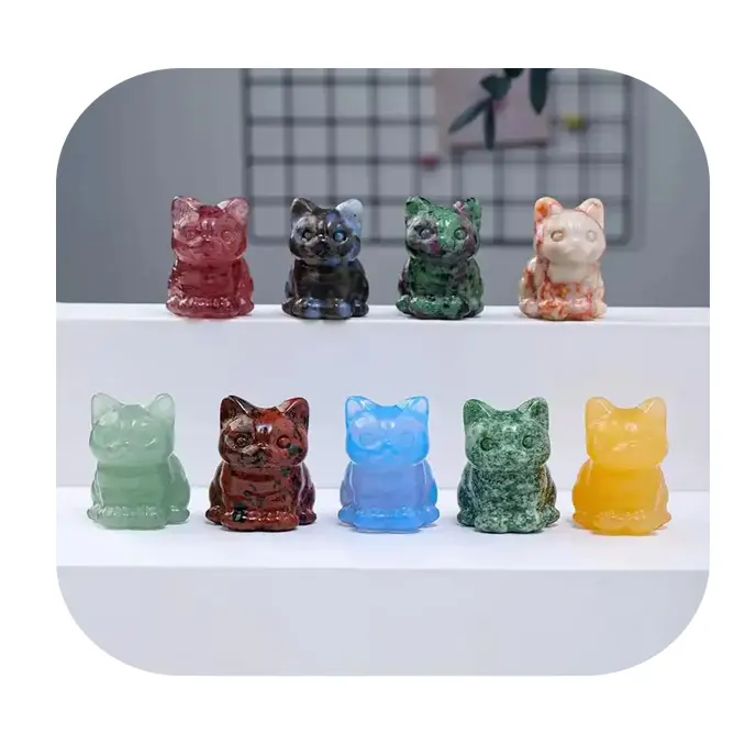 wholesale crystal Lucky Cat carved Rose Quartz Obsidian oplite mini crystal cat for home ornament gift