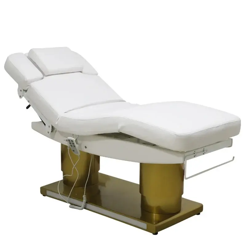Feng Sheng Luxurious white pu leather 3 motor beauty salon massage table electric lash bed with gold base and Technician chair