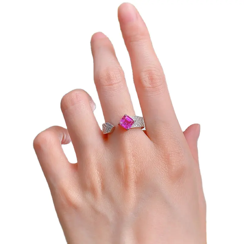 S925 cincin perak 6*6 rupee Pink Zircon Set dengan temperamen pribadi dan serbaguna terbuka cincin butik perhiasan untuk wanita