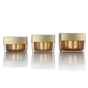 Frasco plástico quadrado recarregável acrílico grosso dourado luxuoso de 15ml para creme cosmético creme para os olhos máscara facial de cuidados com a pele com tampa de rosca PP