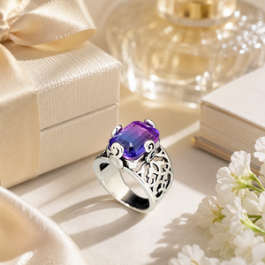 Anello Traforato Floreale Colorato Viola, Anello Vintage alla Moda - Product Image 3