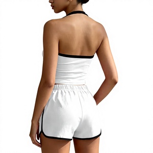 Women White Striped O-Neck Halter Sleeveless Knitted Sporty Crop Top Shorts Set Breathable Regular Fit Spring Summer Wear - Product Image 2