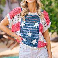 Haut en crochet à rayures étoilées patriotiques pour femmes, pull d'été drapeau américain pour le 4 juillet