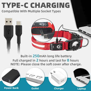 Skynuo kalung hewan peliharaan USB nilon, untuk Airtag IPX7 tahan air menyala bercahaya LED AirTag kerah anjing isi USB-C - Product Image 6