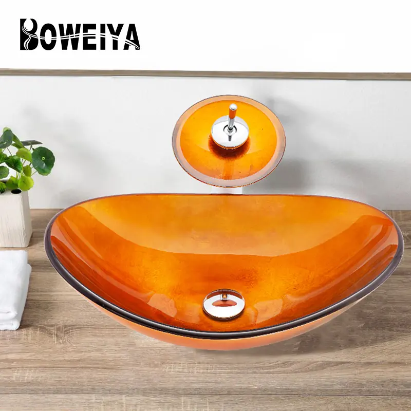 Modern Art Boat Oval Shaped Orange Coloring Unbreakable Glass Toilets und Sinks Bathroom Vessel Color Wash Basin