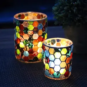 Mosaico hexagonal colorido de estilo europeo, frascos de vela de lujo a granel, D7.5cm x 8,5 cm