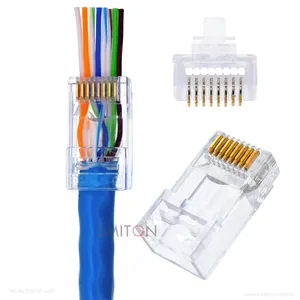 Alta qualidade através do orifício Utp Cat6 Conector Modular Plug Pass Through Conector RJ45 Transparente Masculino 8pin