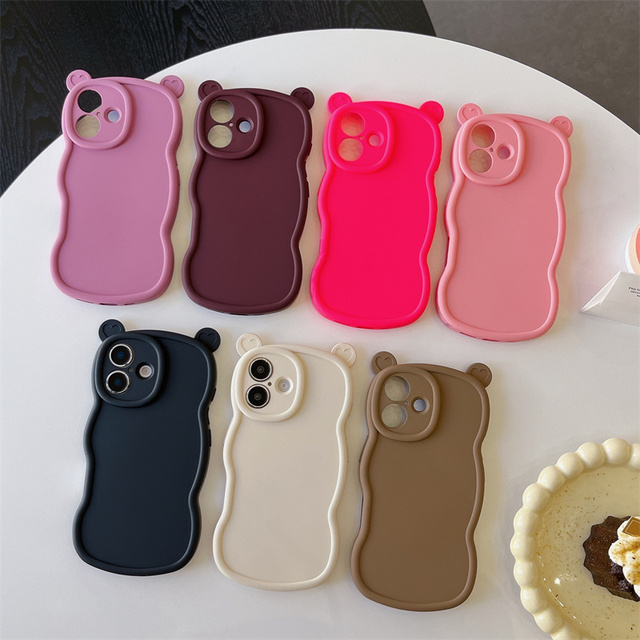 Simple Wave Cartoon Bear Ears Mobile Phone Case for iPhone 16 15 14 13 12 11 Pro Max Solid Color Silicone TPU Soft Back Cover
