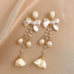 Fashion Pearl Pearl Bow Crystal Camellia Pendant Tassel S925 Silver Needle Long Pearl Tassel Earrings