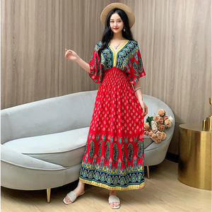 Women Summer New Vintage Floral Print <strong>Dresses</strong> V-neck <strong>Elastic</strong> Waist Short Sleeve Vacation Style Fashion Long <strong>Dress</strong> - Product Image 3