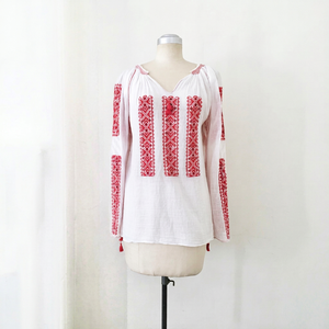 <b>Women's</b> White Cotton <b>Blouse</b> with <b>Red</b> Embroidery V-Neck Half Sleeve Regular Fit Washable Spring Summer Top - Product Image 1