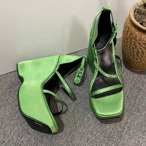 Modern Silk Satin Wedge Heel Sandals Open Square Toe Sexy Summer Platform High Heel <b>Shoes</b> Buckle Strap Covered Heel - Product Image 4