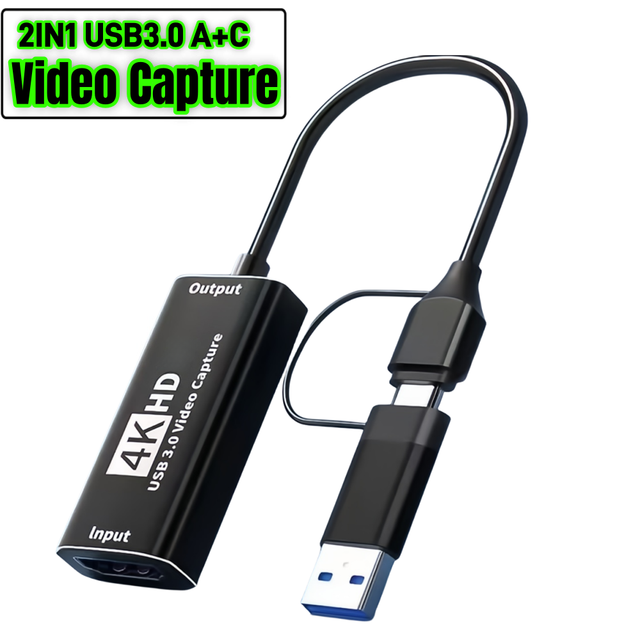 4K 2 in 1 Type-C USB 3.0 to HDMI Video Capture Card, USB C USB3.0 Audio Video Capture Card for Gaming Live Streaming Recorder