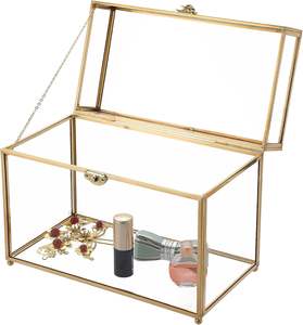 Boîte à bijoux en verre vintage doré 10x5.7x7.8 pouces rectangulaire à couvercle transparent Keeke présentoir organisateur anneaux bracelets boucles d'oreilles - Product Image 1