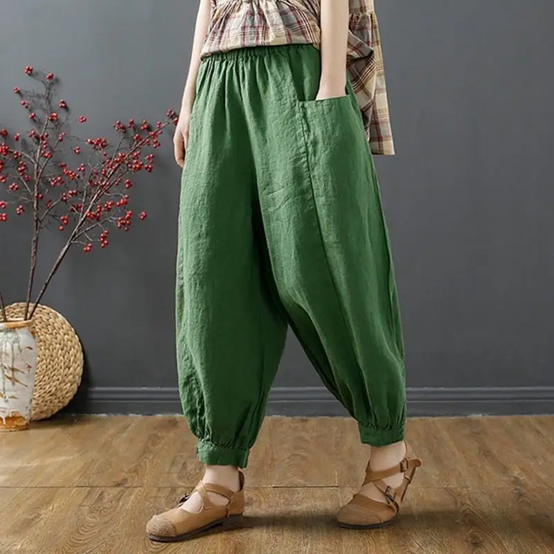 Celana pof katun dan linen M-4XL musim panas wanita gaya baru capris literatur santai legging longgar