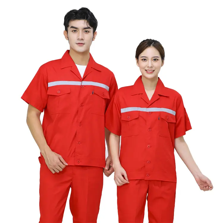 Pakaian kerja bengkel pabrik musim panas strip reflektif Hi Vis seragam kerja katun poliester perlindungan tenaga kerja lengan pendek