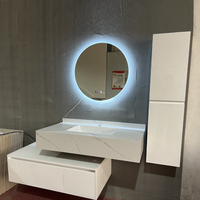 Meubles-lavabos muraux modernes en PVC laqué blanc avec miroir LED, vasque en pierre, résistants à l'eau et dotés d'un miroir