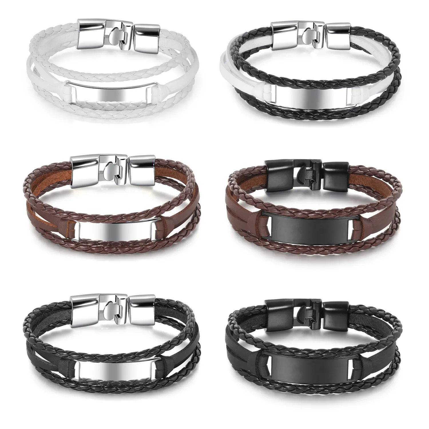 Handmade Multilayer Men Leather Braided Bracelets New Fashion Adjustable Cheap Black Alloy Mens Leather Wrap Bracelet