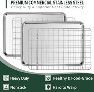 Plateau de cuisson pour viande en acier inoxydable Ensemble de grilles de refroidissement 2 plaques de cuisson 2 grilles de cuisson Résistant à la rouille/chaîne Plats de cuisson Casseroles - Product Image 3